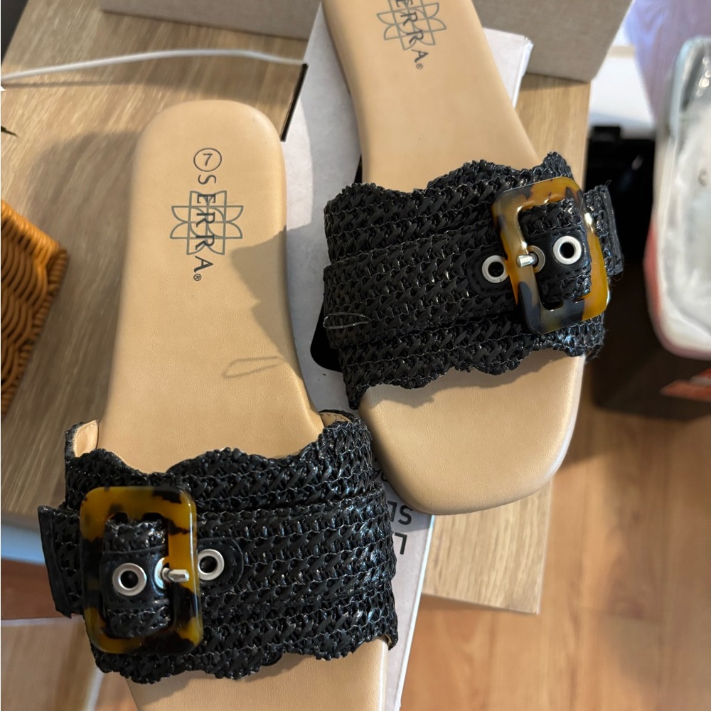 Serra Black Woven Slide Sandals with Tortoiseshell Buckle Accent